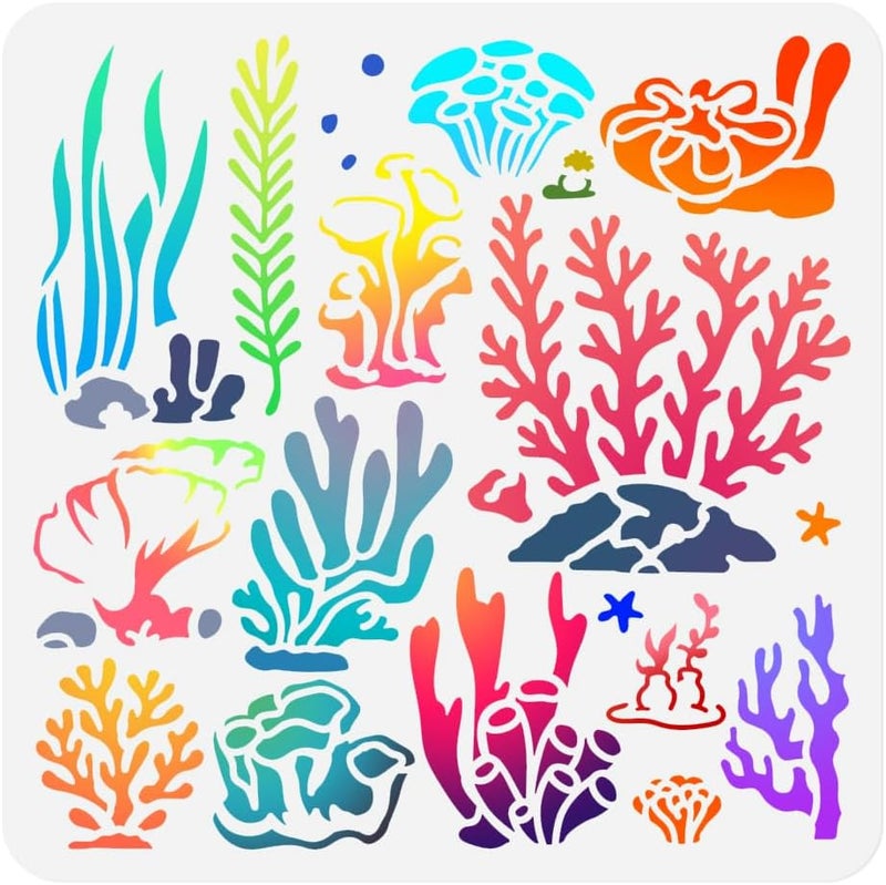 DOODLREAM 12 Styles Coral Seaweed Stencil for Painting, 11.8"x11.8"Reusable Seagrass Sea Plants Stencil Drawing Template, DIY Craft Paint Template for Wall Home Decor Wood Burning Card Journal Fabric - Image 1